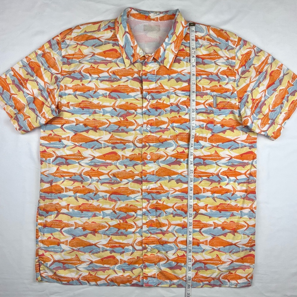 Columbia PFG XL Orange Blue Fish Print Mesh Button Up Short Sleeve Shirt - Picture 9 of 9